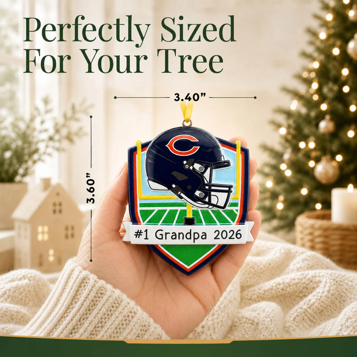 Size guide: the personalized Chicago Bears NFL christmas ornament is 3.40 in wide by 3.60 in tall, shown in hand