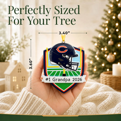 Size guide: the personalized Chicago Bears NFL christmas ornament is 3.40 in wide by 3.60 in tall, shown in hand