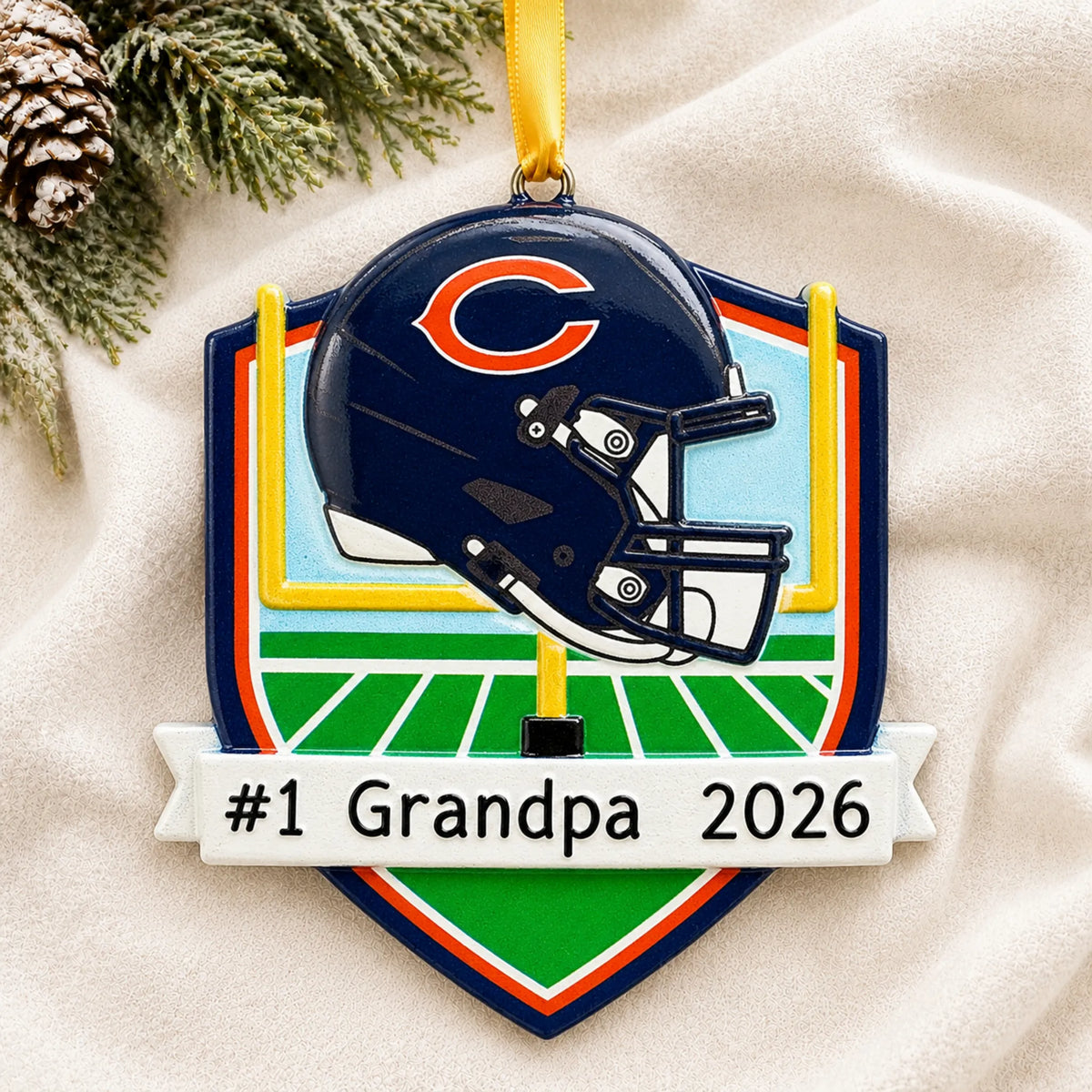 Personalized Chicago Bears NFL christmas ornament laid on a soft white knit blanket