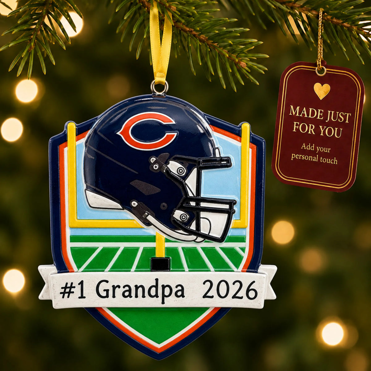 Chicago Bears NFL christmas ornament hanging on a lit Christmas tree with a Made Just For You gift tag