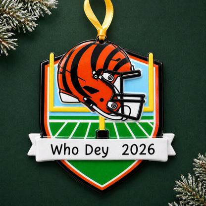 Personalized Cincinnati Bengals NFL christmas ornament on a dark green pine background