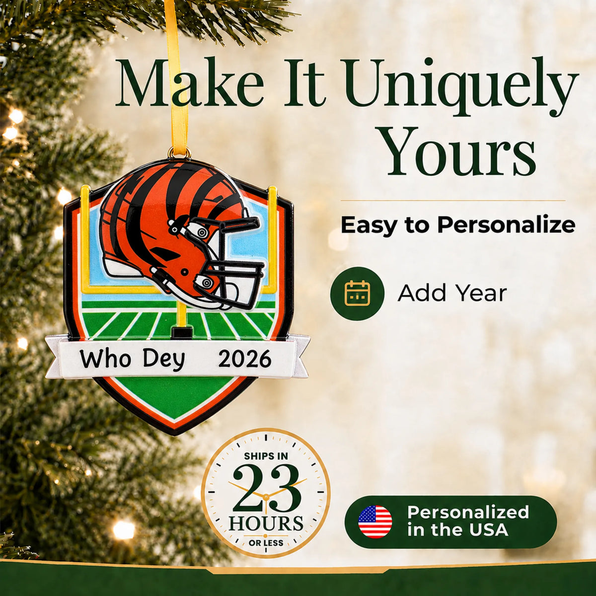 Make it yours: add year to the personalized Cincinnati Bengals NFL christmas ornament