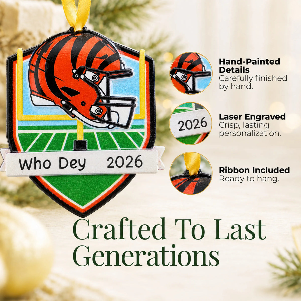 Hand-painted details and laser engraved personalization on the Cincinnati Bengals NFL christmas ornament, ribbon included