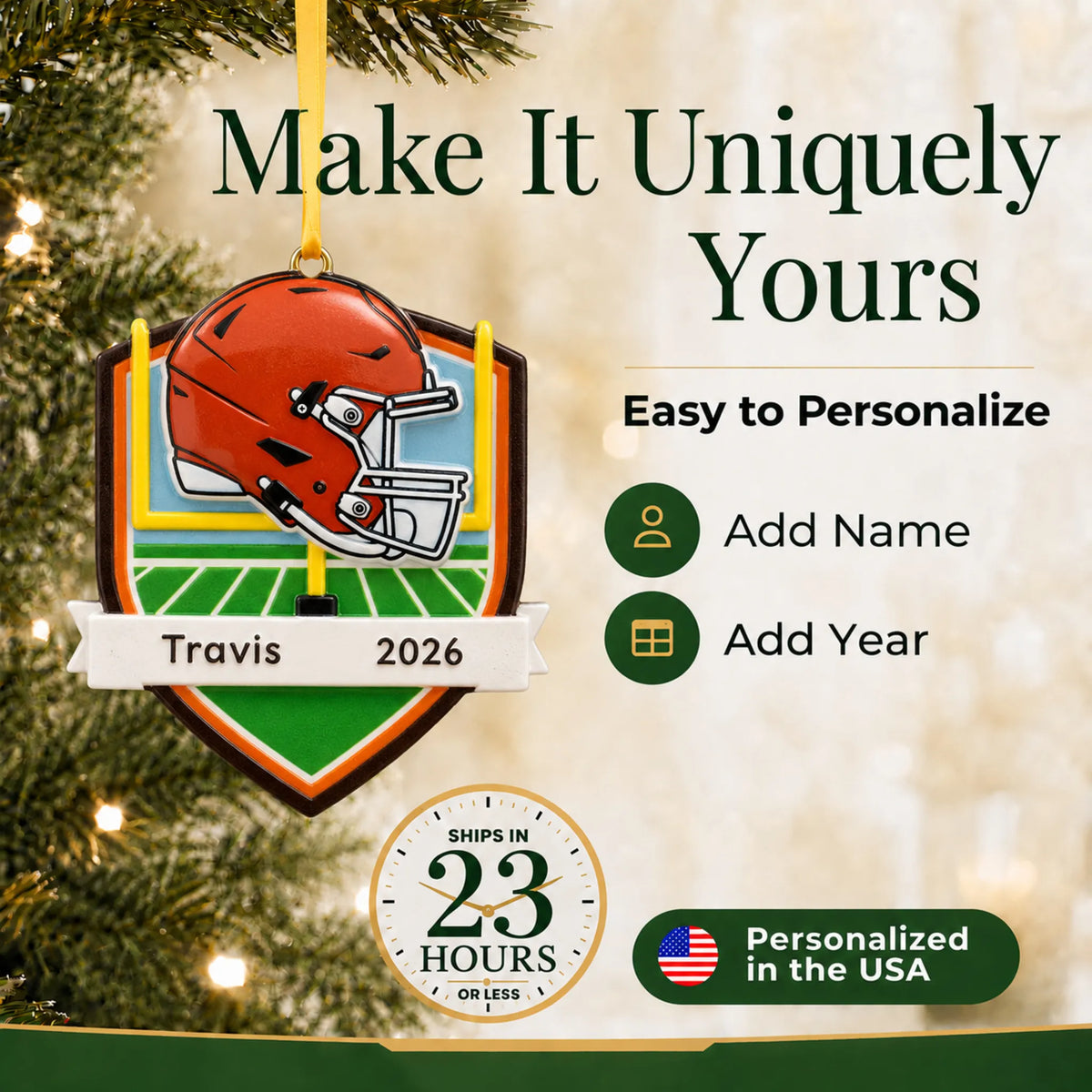 Make it yours: add name and year to the personalized Cleveland Browns NFL christmas ornament