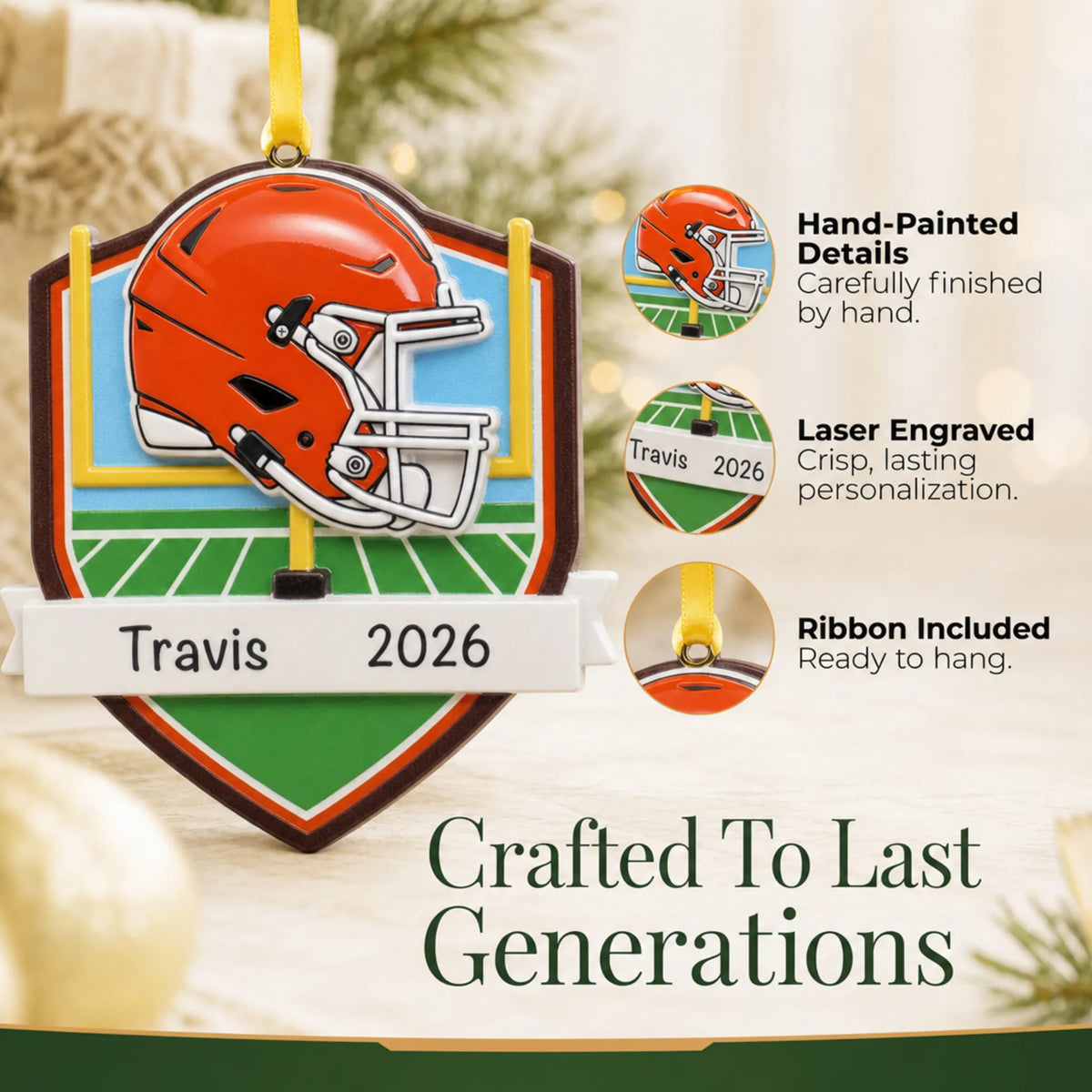 Hand-painted details and laser engraved personalization on the Cleveland Browns NFL christmas ornament, ribbon included