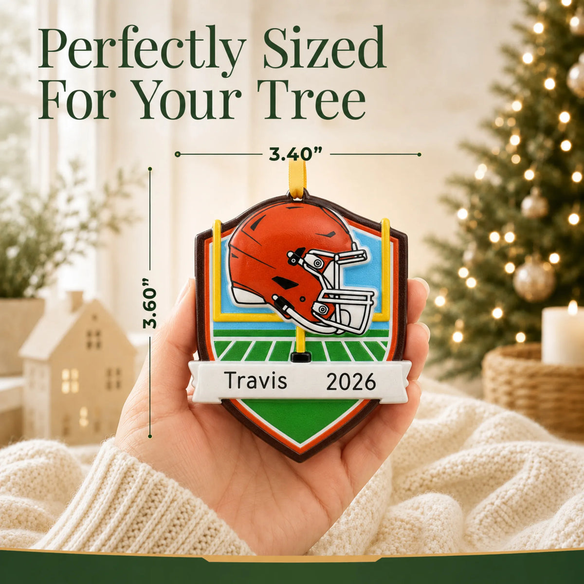 Size guide: the personalized Cleveland Browns NFL christmas ornament is 3.40 in wide by 3.60 in tall, shown in hand