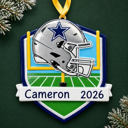 Personalized Dallas Cowboys NFL christmas ornament on a dark green pine background