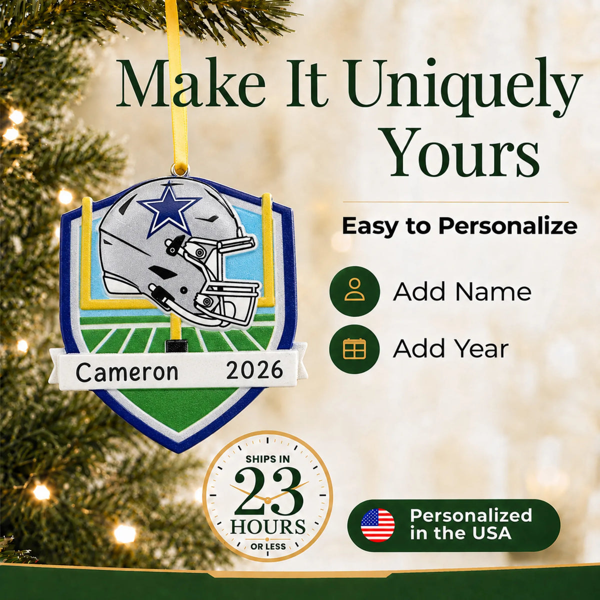 Make it yours: add name and year to the personalized Dallas Cowboys NFL christmas ornament