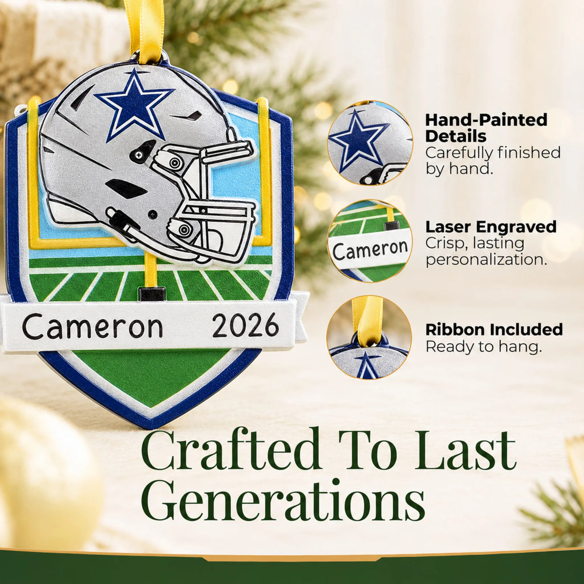 Hand-painted details and laser engraved personalization on the Dallas Cowboys NFL christmas ornament, ribbon included