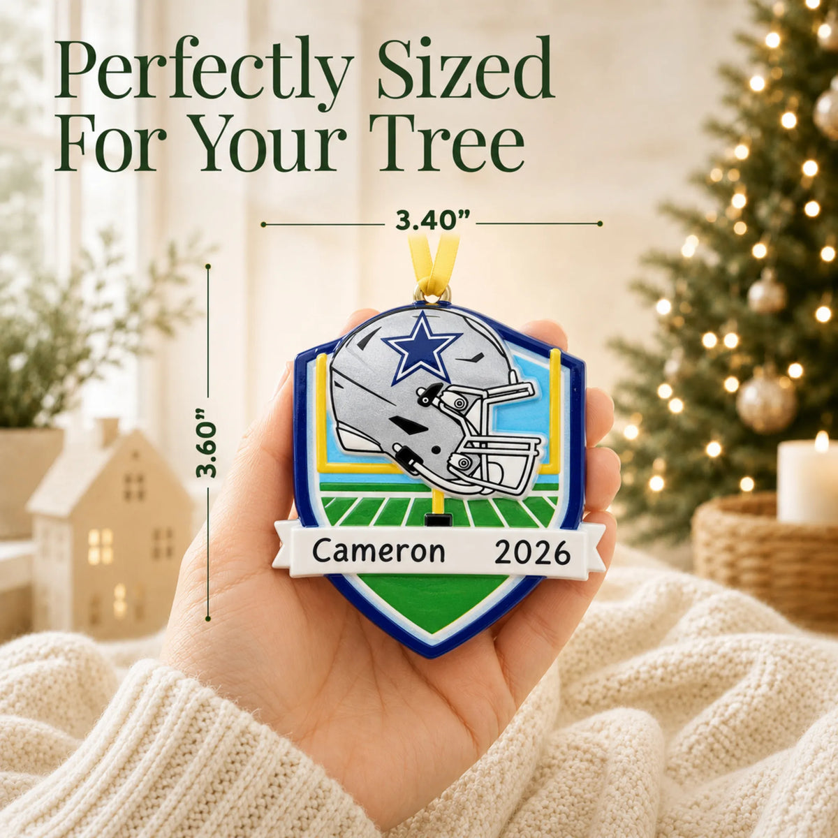 Size guide: the personalized Dallas Cowboys NFL christmas ornament is 3.40 in wide by 3.60 in tall, shown in hand