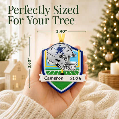 Size guide: the personalized Dallas Cowboys NFL christmas ornament is 3.40 in wide by 3.60 in tall, shown in hand