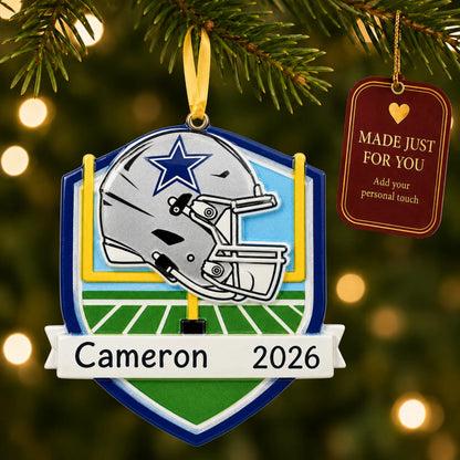 Dallas Cowboys NFL christmas ornament hanging on a lit Christmas tree with a Made Just For You gift tag