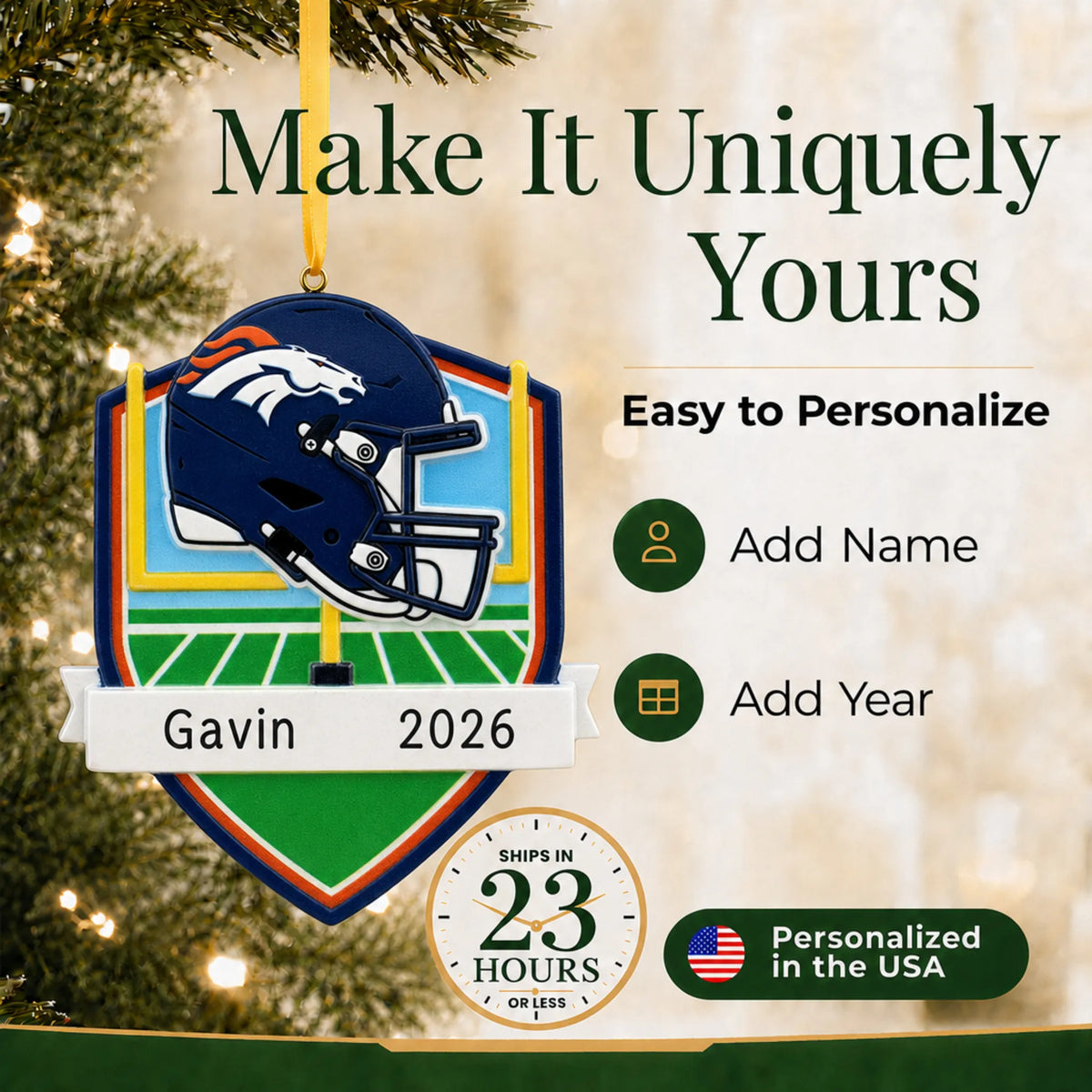 Make it yours: add name and year to the personalized Denver Broncos NFL christmas ornament