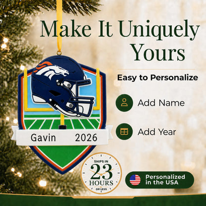 Make it yours: add name and year to the personalized Denver Broncos NFL christmas ornament