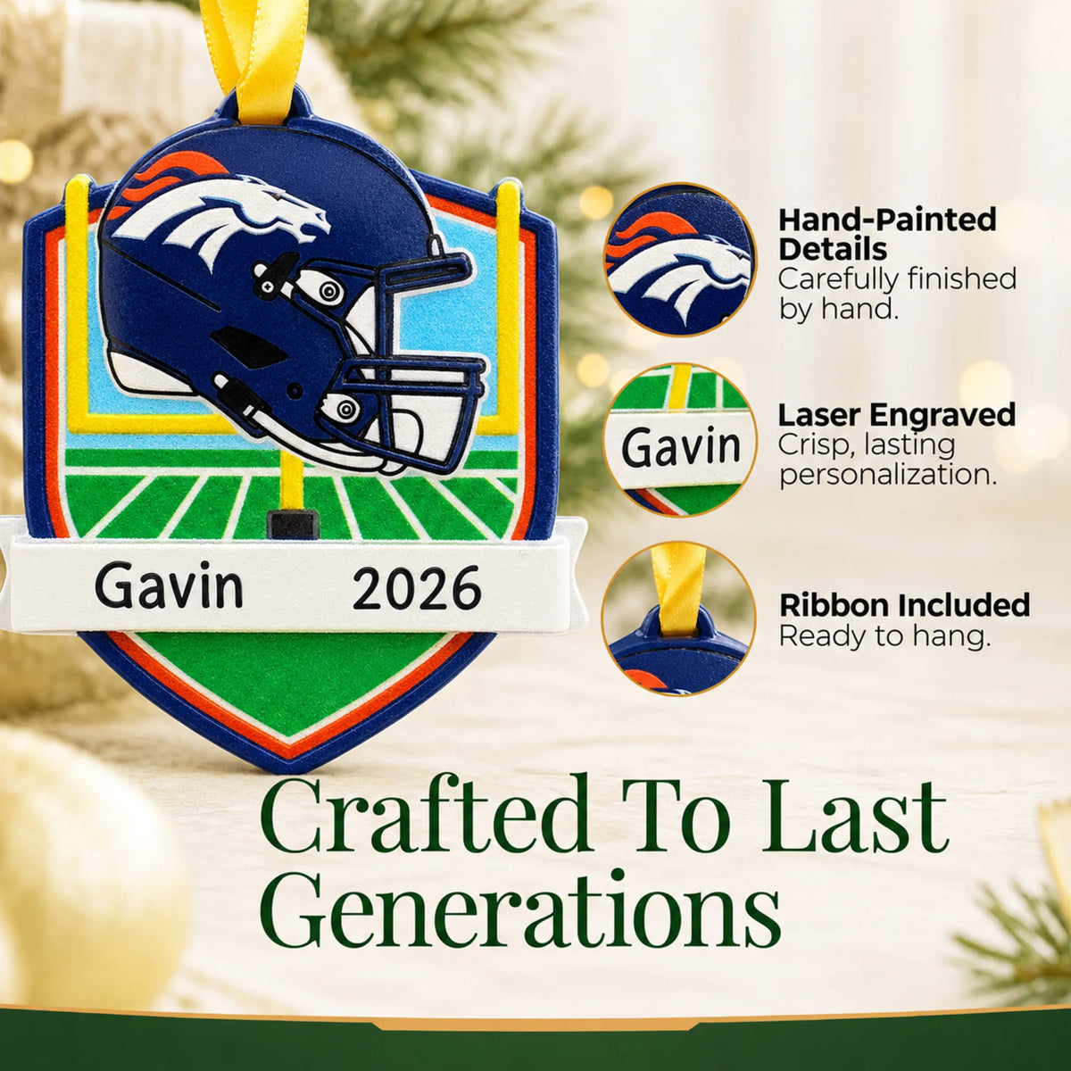 Hand-painted details and laser engraved personalization on the Denver Broncos NFL christmas ornament, ribbon included