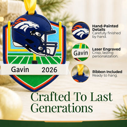 Hand-painted details and laser engraved personalization on the Denver Broncos NFL christmas ornament, ribbon included