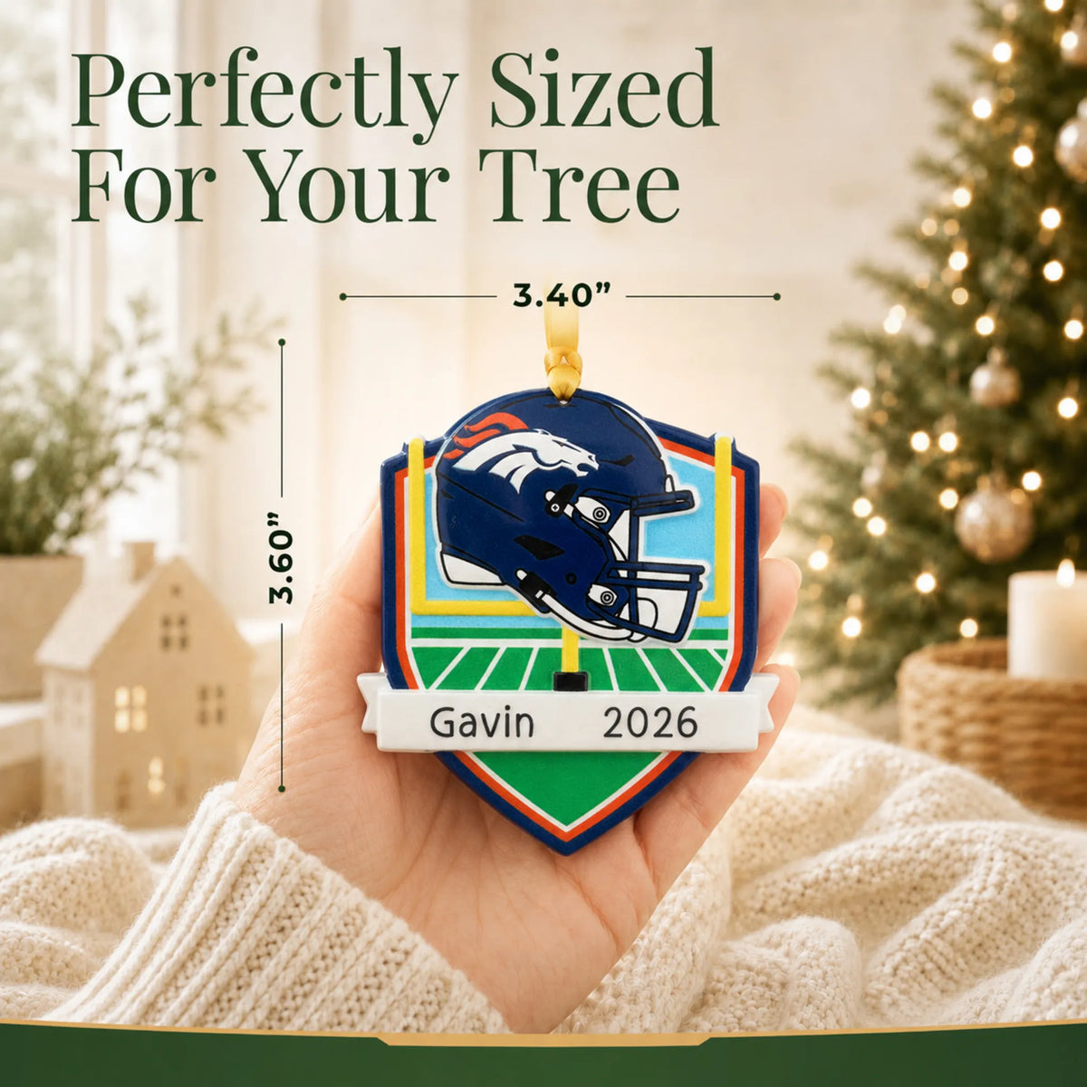 Size guide: the personalized Denver Broncos NFL christmas ornament is 3.40 in wide by 3.60 in tall, shown in hand