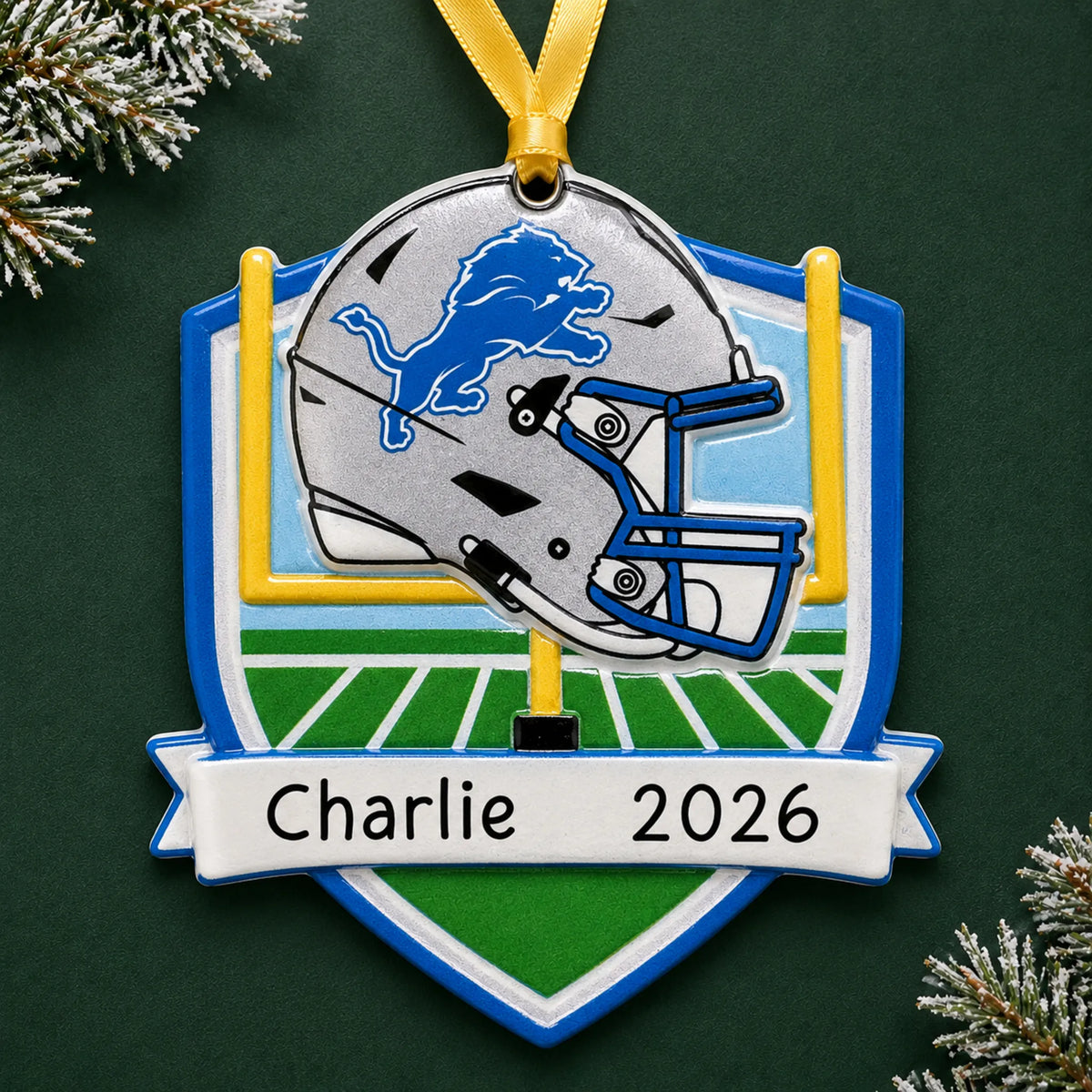 Personalized Detroit Lions NFL christmas ornament on a dark green pine background