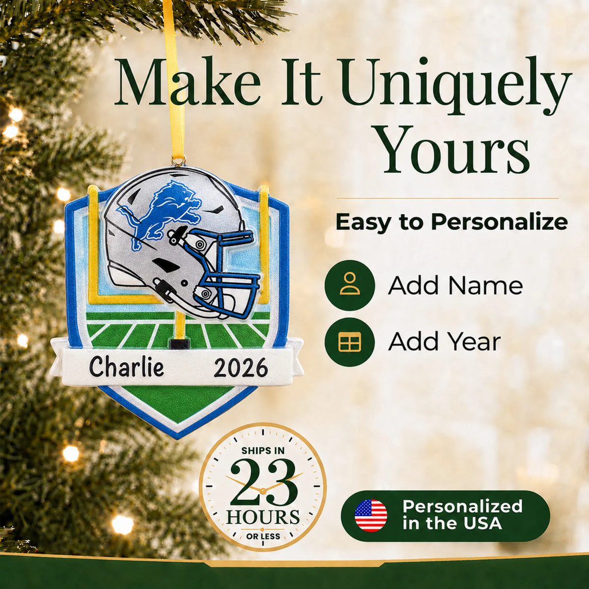 Make it yours: add name and year to the personalized Detroit Lions NFL christmas ornament