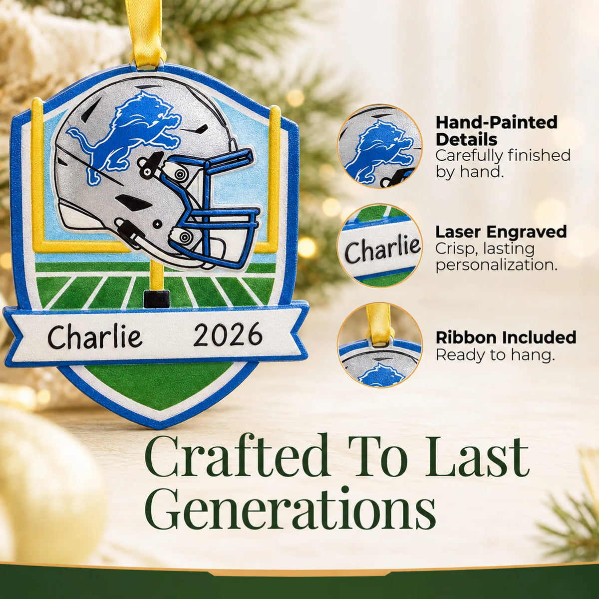 Hand-painted details and laser engraved personalization on the Detroit Lions NFL christmas ornament, ribbon included