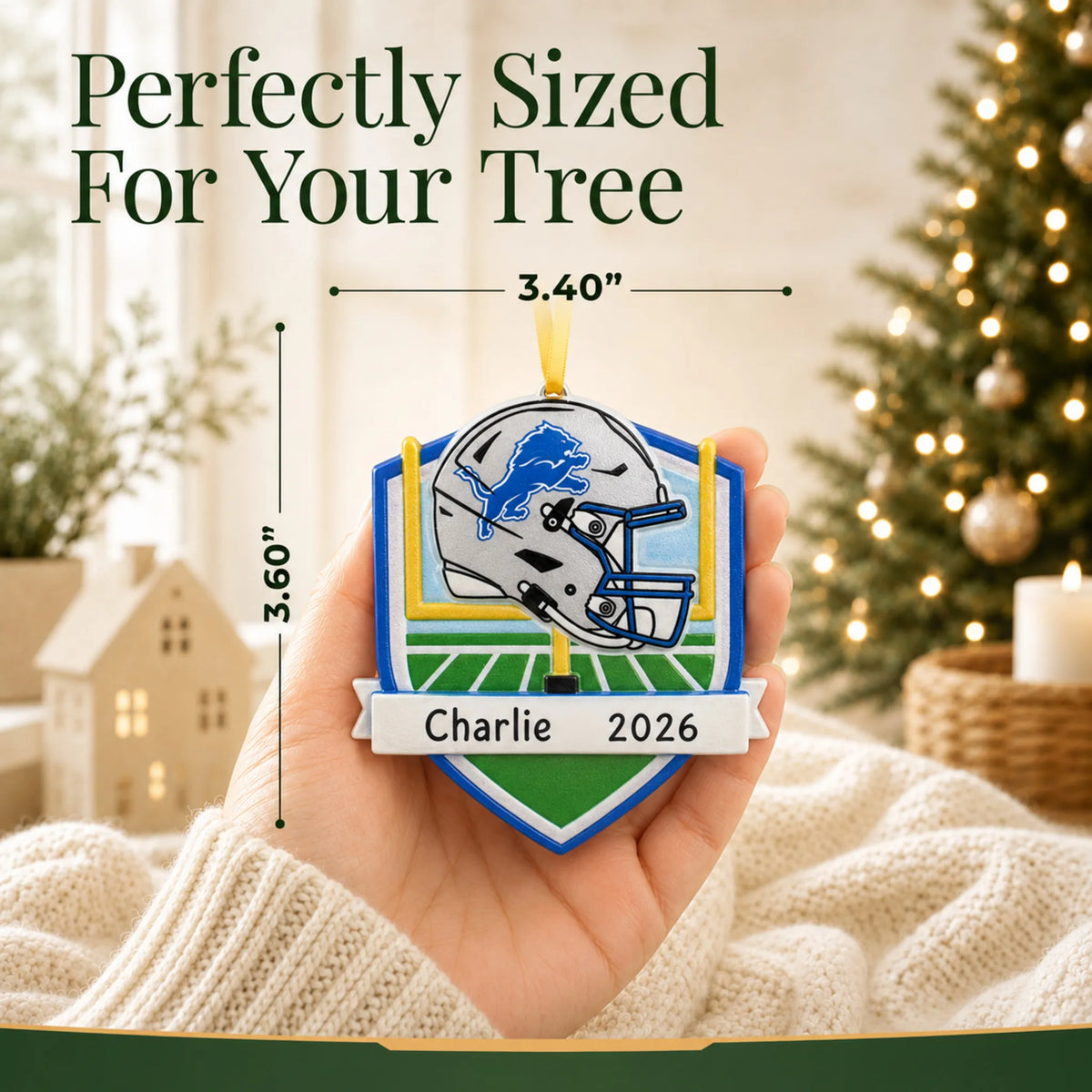 Size guide: the personalized Detroit Lions NFL christmas ornament is 3.40 in wide by 3.60 in tall, shown in hand
