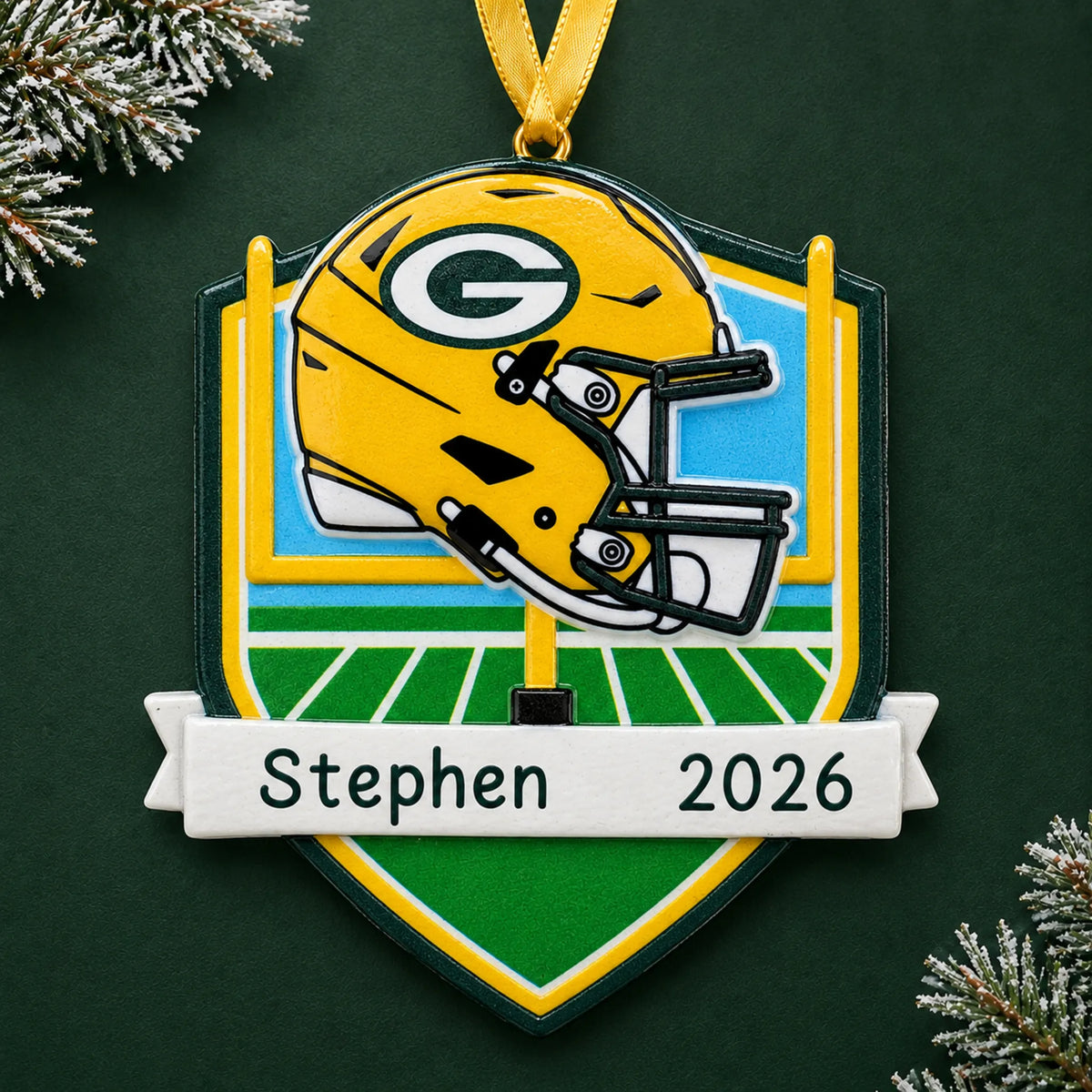 Personalized Green Bay Packers NFL christmas ornament on a dark green pine background
