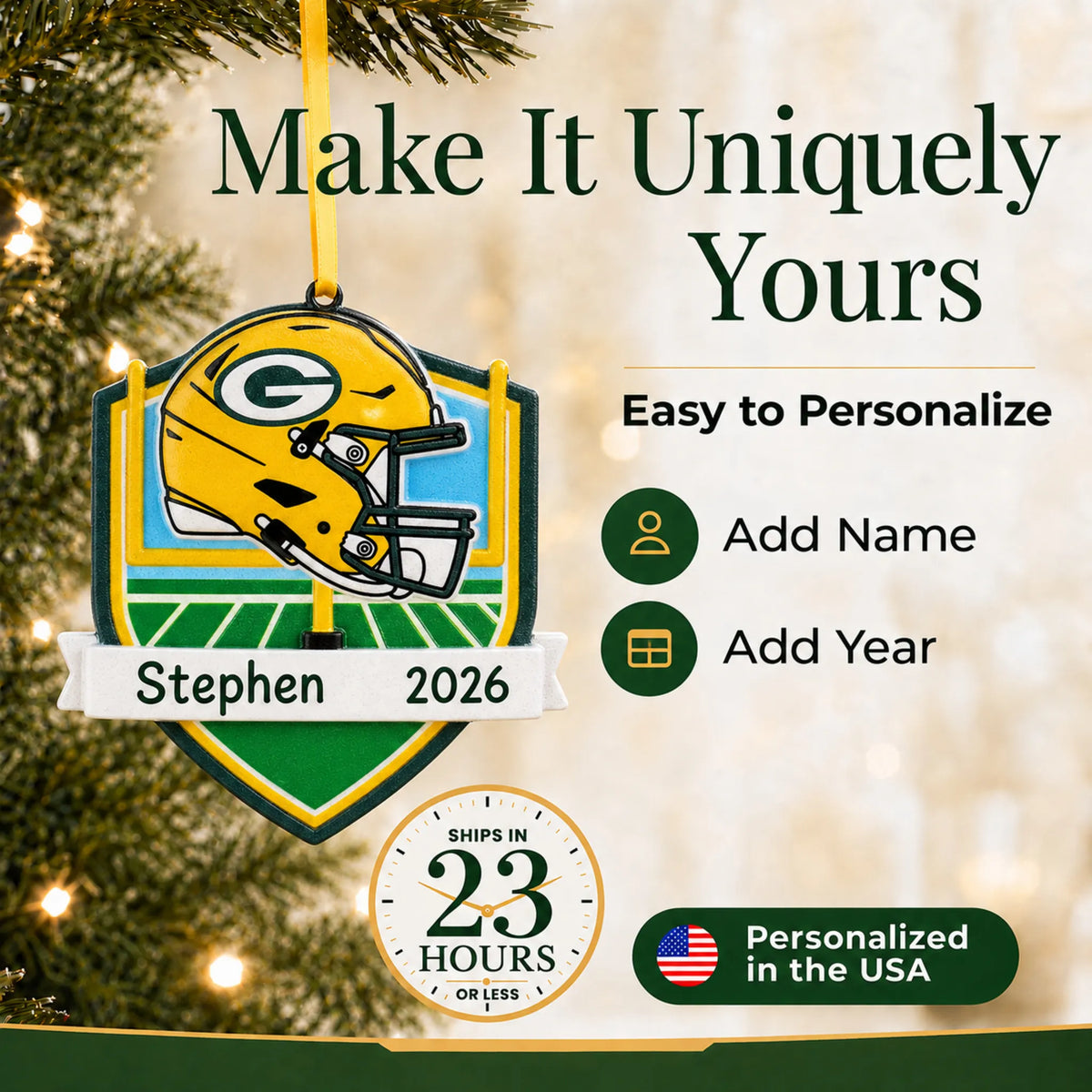 Make it yours: add name and year to the personalized Green Bay Packers NFL christmas ornament