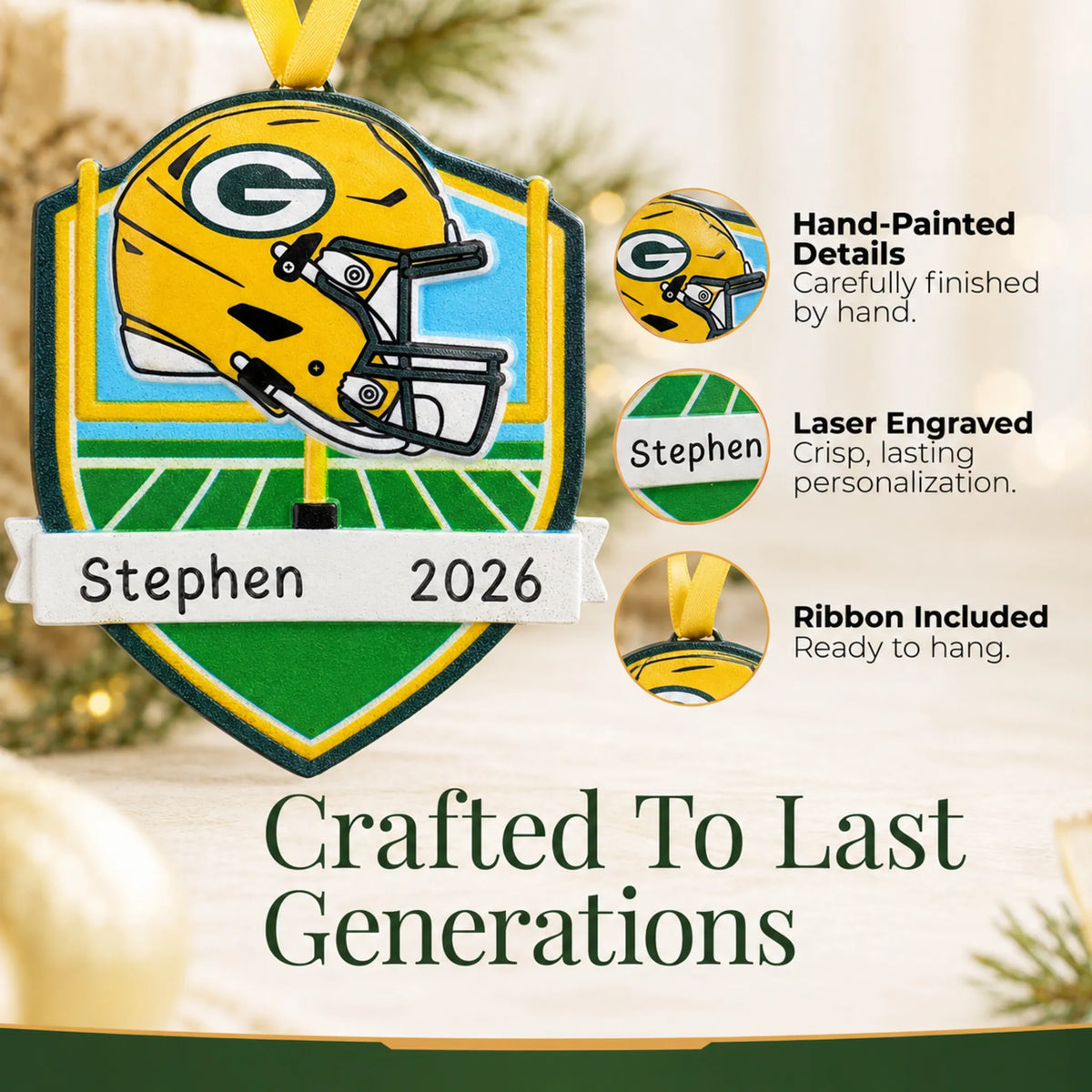 Hand-painted details and laser engraved personalization on the Green Bay Packers NFL christmas ornament, ribbon included