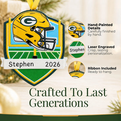 Hand-painted details and laser engraved personalization on the Green Bay Packers NFL christmas ornament, ribbon included