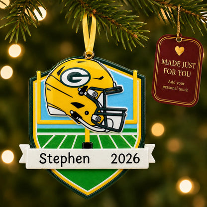 Green Bay Packers NFL christmas ornament hanging on a lit Christmas tree with a Made Just For You gift tag