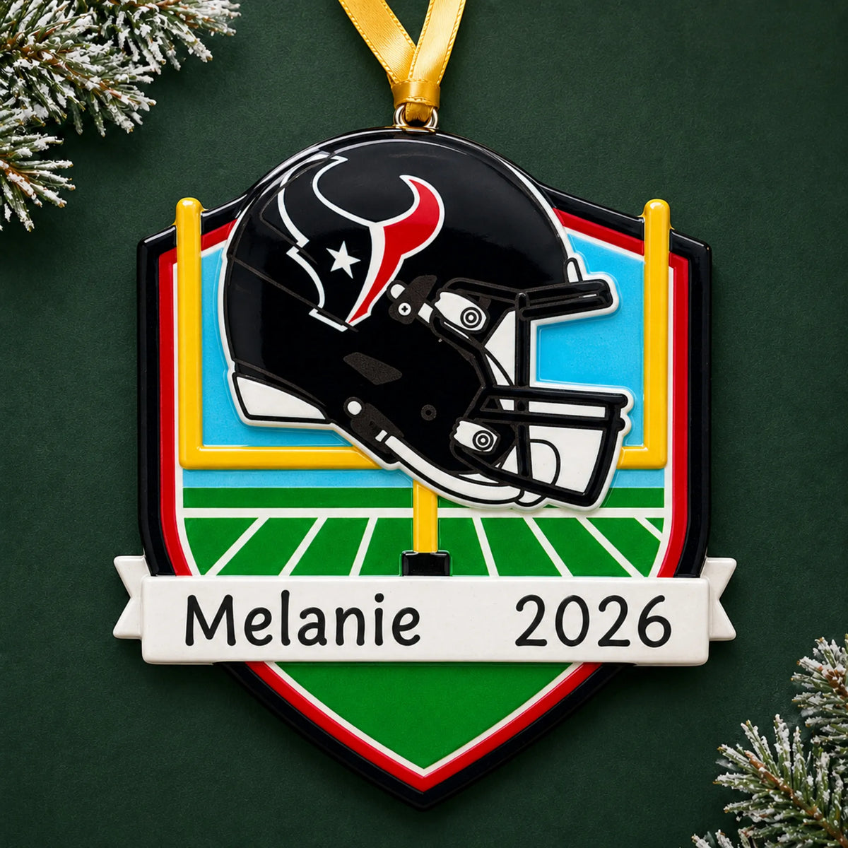 Personalized Houston Texans NFL christmas ornament on a dark green pine background