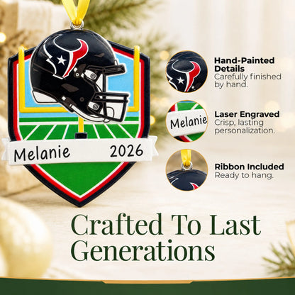 Hand-painted details and laser engraved personalization on the Houston Texans NFL christmas ornament, ribbon included