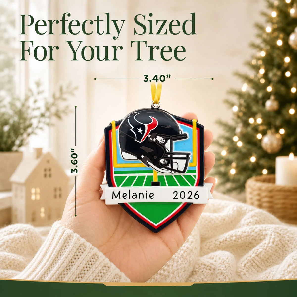 Size guide: the personalized Houston Texans NFL christmas ornament is 3.40 in wide by 3.60 in tall, shown in hand