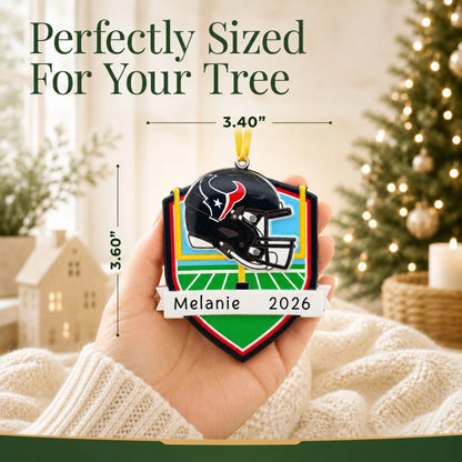 Size guide: the personalized Houston Texans NFL christmas ornament is 3.40 in wide by 3.60 in tall, shown in hand