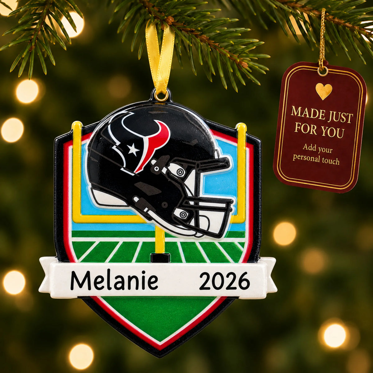 Houston Texans NFL christmas ornament hanging on a lit Christmas tree with a Made Just For You gift tag