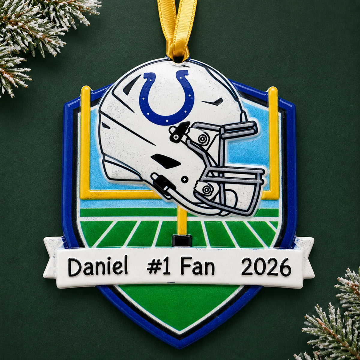 Personalized Indianapolis Colts NFL christmas ornament on a dark green pine background