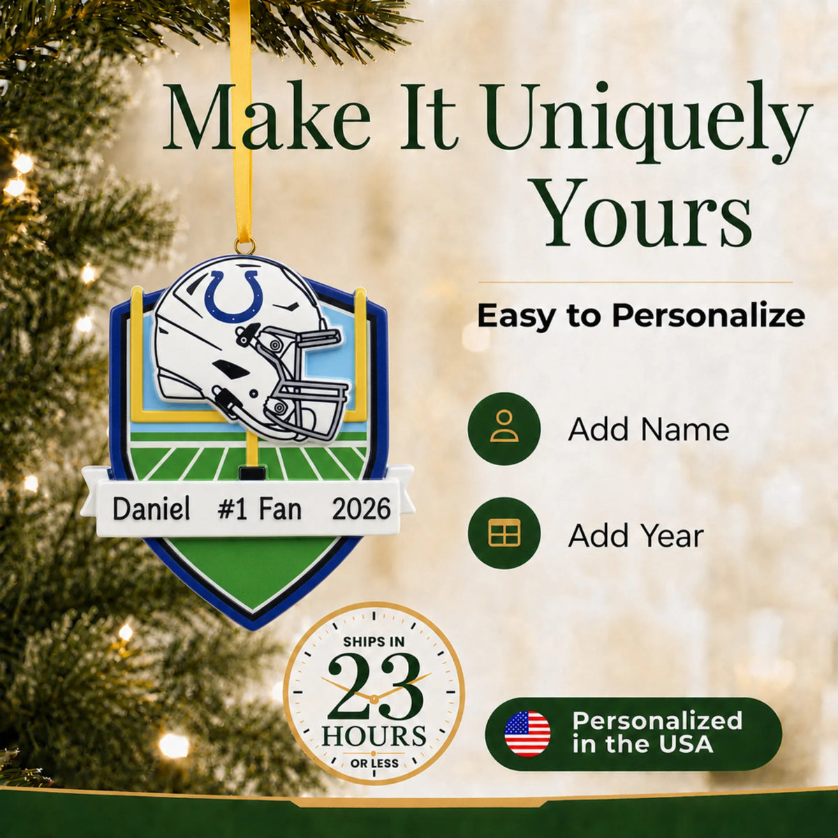 Make it yours: add name and year to the personalized Indianapolis Colts NFL christmas ornament