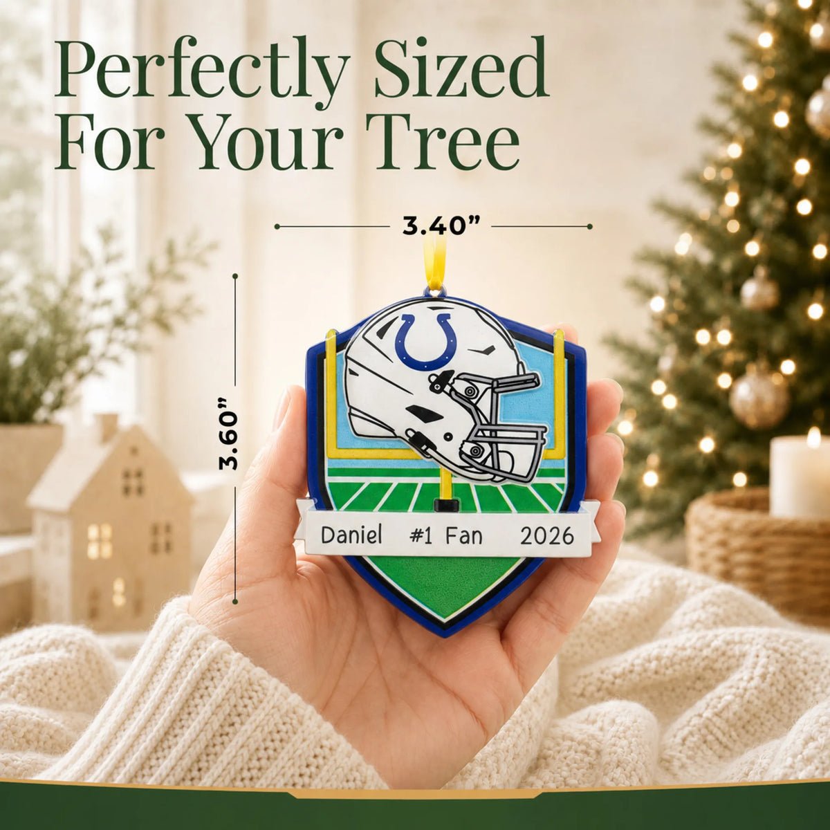 Size guide: the personalized Indianapolis Colts NFL christmas ornament is 3.40 in wide by 3.60 in tall, shown in hand
