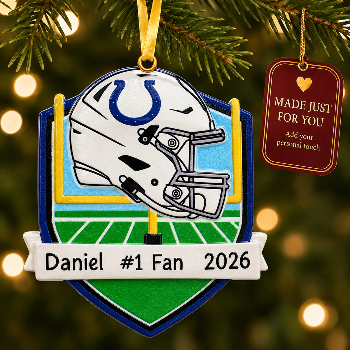 Indianapolis Colts NFL christmas ornament hanging on a lit Christmas tree with a Made Just For You gift tag