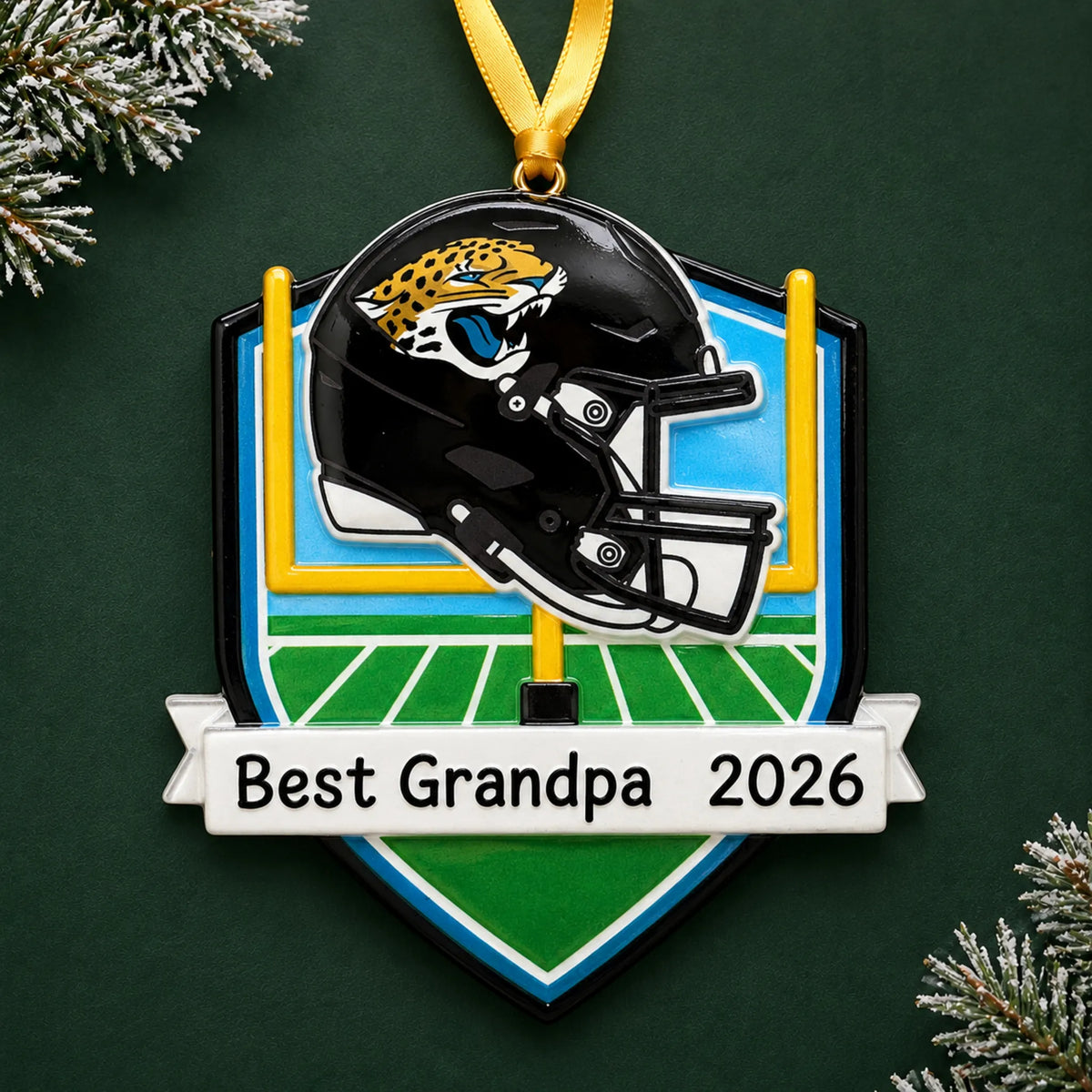 Personalized Jacksonville Jaguars NFL christmas ornament on a dark green pine background