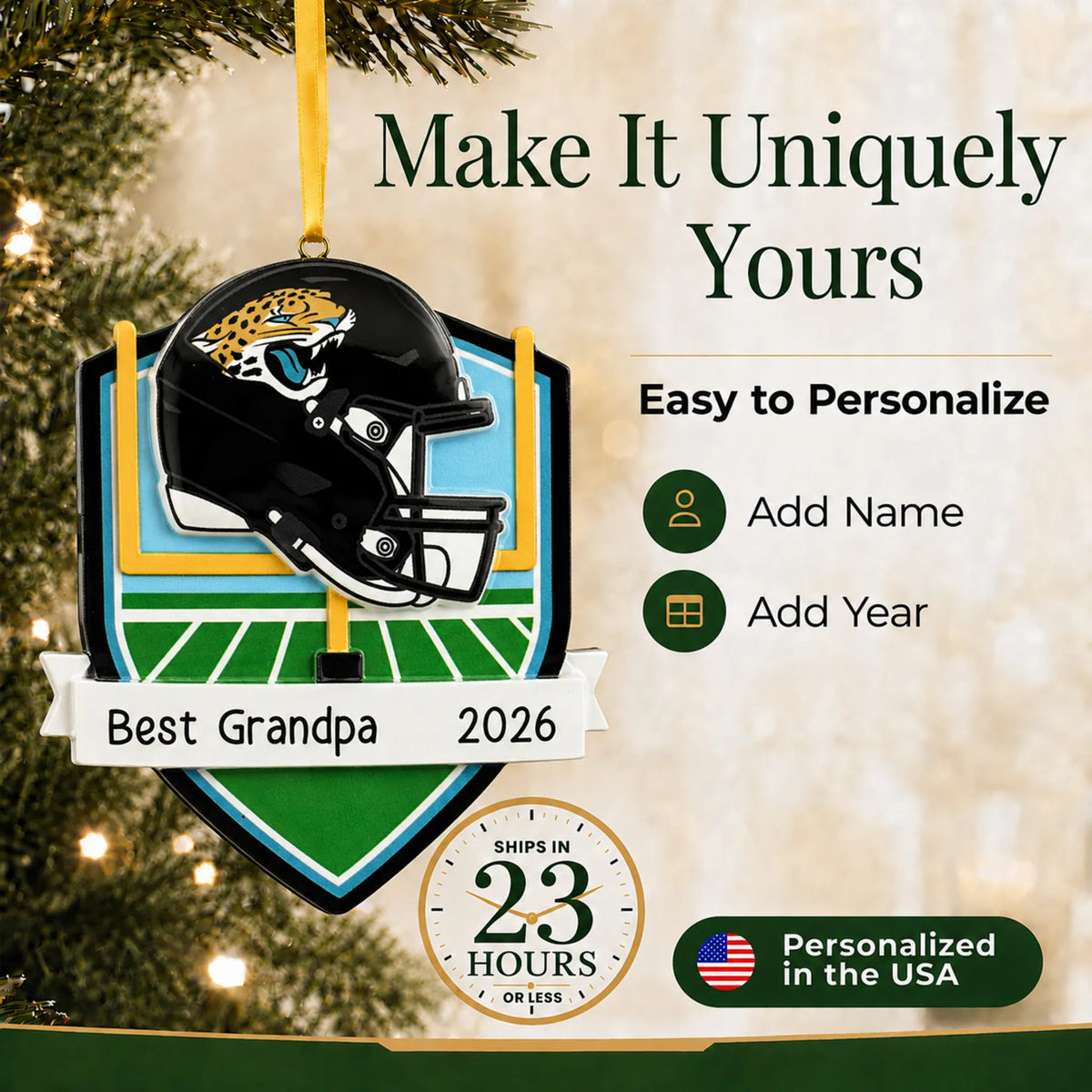 Make it yours: add name and year to the personalized Jacksonville Jaguars NFL christmas ornament