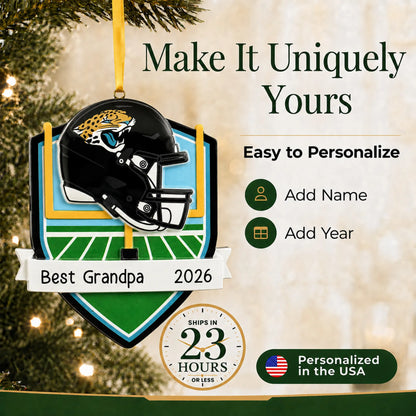 Make it yours: add name and year to the personalized Jacksonville Jaguars NFL christmas ornament