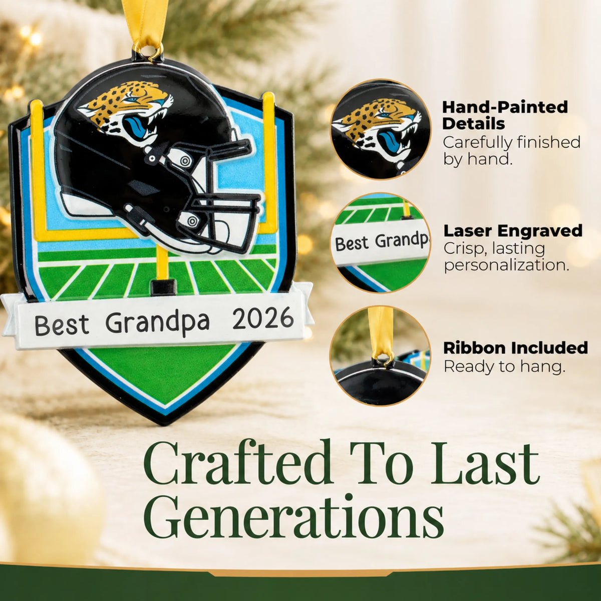Hand-painted details and laser engraved personalization on the Jacksonville Jaguars NFL christmas ornament, ribbon included