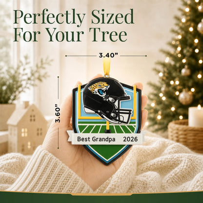 Size guide: the personalized Jacksonville Jaguars NFL christmas ornament is 3.40 in wide by 3.60 in tall, shown in hand