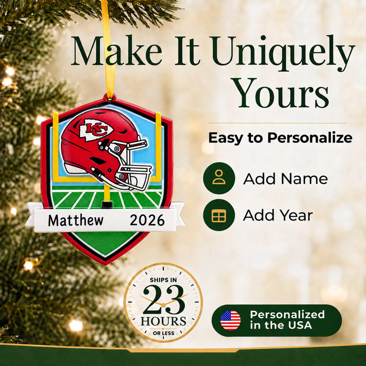 Make it yours: add name and year to the personalized Kansas City Chiefs NFL christmas ornament