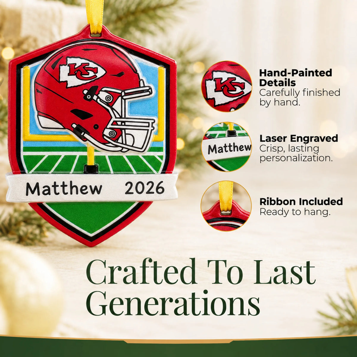 Hand-painted details and laser engraved personalization on the Kansas City Chiefs NFL christmas ornament, ribbon included