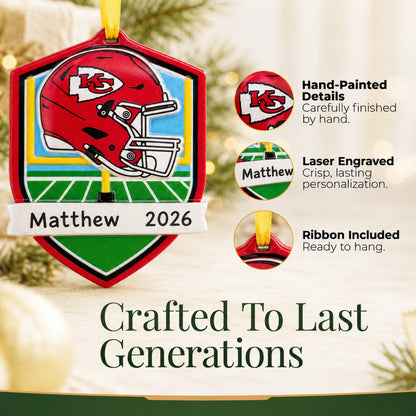 Hand-painted details and laser engraved personalization on the Kansas City Chiefs NFL christmas ornament, ribbon included
