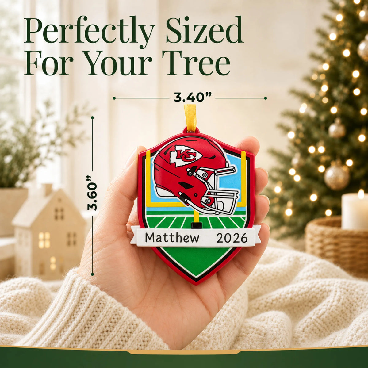Size guide: the personalized Kansas City Chiefs NFL christmas ornament is 3.40 in wide by 3.60 in tall, shown in hand