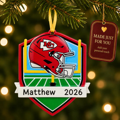 Kansas City Chiefs NFL christmas ornament hanging on a lit Christmas tree with a Made Just For You gift tag