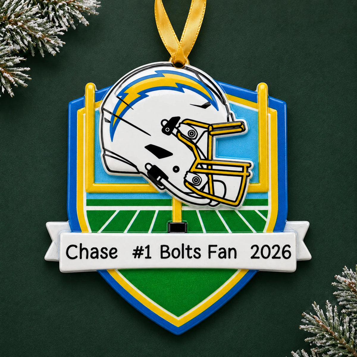 Personalized Los Angeles Chargers NFL christmas ornament on a dark green pine background